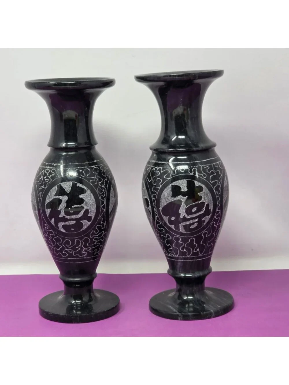 2 Oriental Black Marble Engraved Vases Intricate Designs Decorative Collectibles